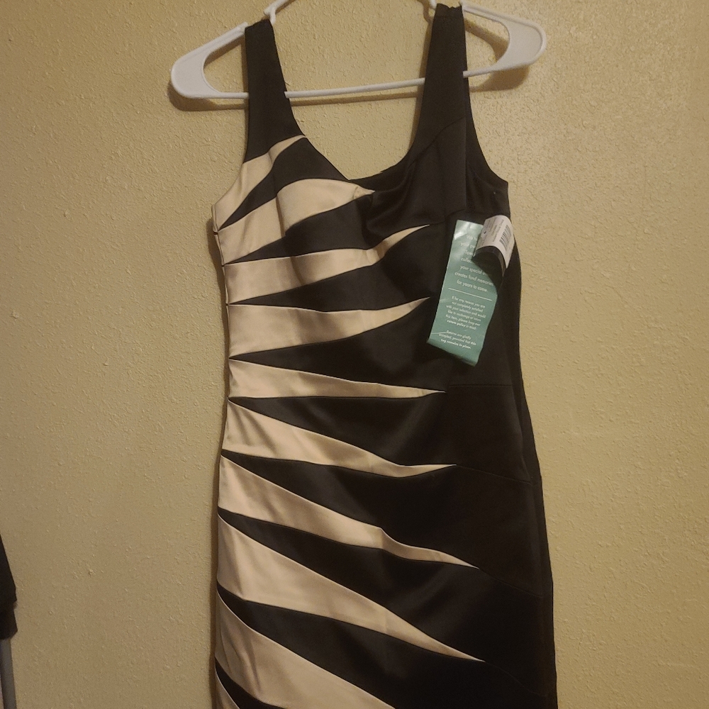 Signature by Sangria Gold and Black Asymmetrical Bodycon Midi Dress